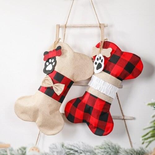 Plaid Christmas Stocking Hanging Puppy Pet Dog bones home decore Stocking with Large Paw for Xmas Decorations Christmas Gift Bag