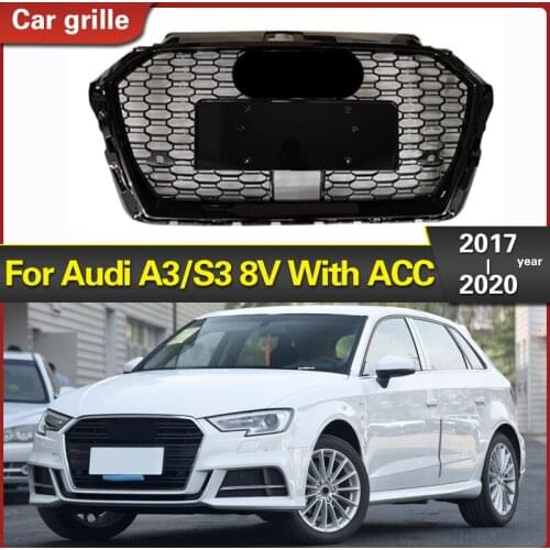Car Front Bumper Grill Center Grille With ACC Hole for Audi A3/S3 8V 2017 2018 2019 2020(Refit for RS3 Style)