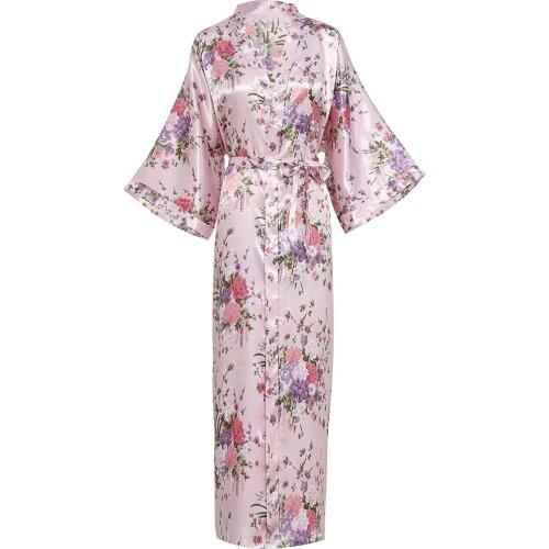 Pink Bride Bridesmaid Wedding Robe Chinese Women Long Rayon Bathrobe Kimono Gown Sexy Lingerie Sleepwear Flower Plus Size 3XL