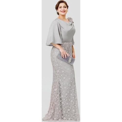 Grey A Line Mother Of The Bride Dress Jewel Neck 3/4 Long Sleeve Lace Appliqued Wedding Guest Gowns Plus Size Evenining Dress