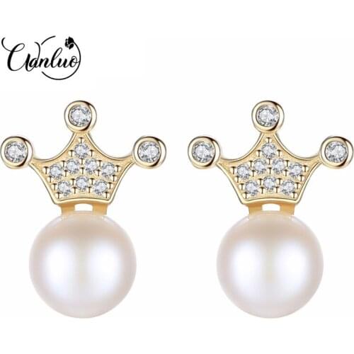 WANLUO CZ Crown Natural Freshwater Pearl Earrings with Real Genuine Charms Silver 925 Romantic Jewelry for Women Pearls Earring
