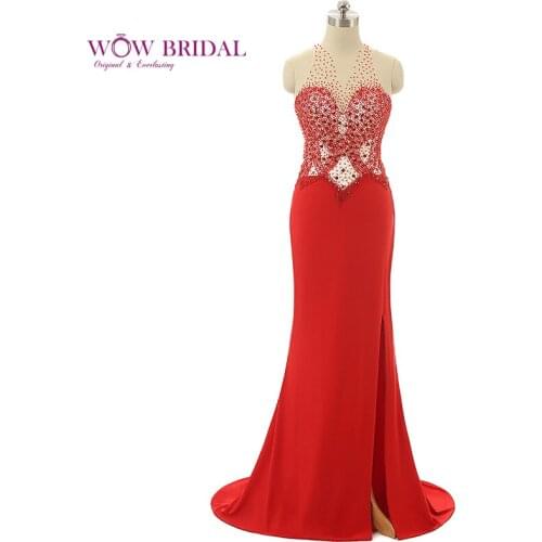 Wowbridal Sexy Red Prom Dress 2021 O-Neck Sheer Beaded Open Back Pattern Crystal Taffeta Mermaid Sweep Train Women Party Dress