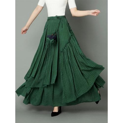 2021 Spring Summer Irregular Skirt Elegant Female Ethnic Style Pure Color Vintage Big Swing Dance Skirt Casual Faldas Mujer y869