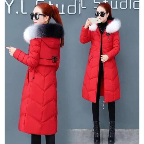 Large Fur Collar Women Cotton-padded Jacket Knee Mid-length 2021 Female New Winter Warmth Slim Korean Plus Velvet Jacket A252