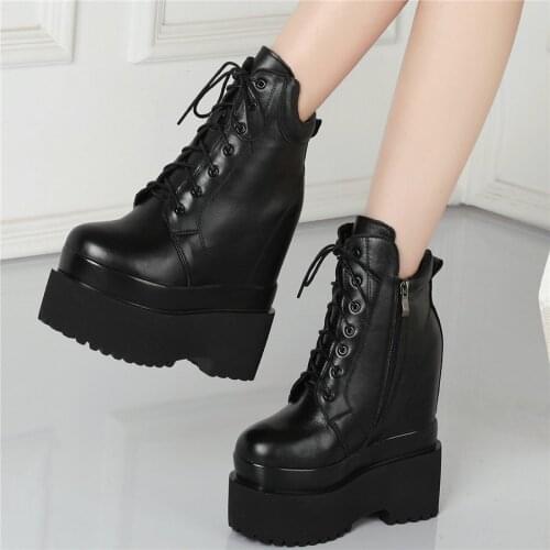 Wedges High Heel Ankle Boots Women Lace Up Cow Leather Platform Pumps Female High Top Round Toe Fashion Sneakers Casual Shoes
