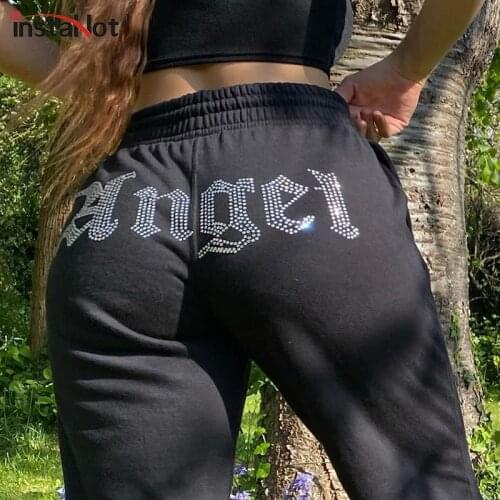 InstaHot Diamond Angel Sweatpant Women Autumn Cargo Pants 2020 Fashion Streetwear Cotton Loose Casual Jogger Trousers Capris