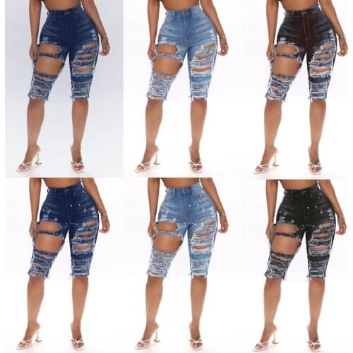 New Hot Sale Woman High Waist Ripped Jeans Summer Stretch Knee Length Jeans Fashion Casual Biker Jeans S-2XL drop shipping