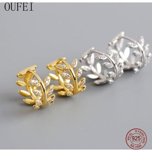 OUFEI 925 Sterling Silver Leaf Earrings For Women Crystal Exaggeration Hoop Earrings Luxury Jewelry Round EarringsEH1035