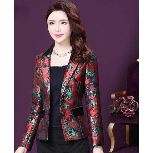 2021 Spring Fall Vintage Women Red Dobby Floral Patchwork Slim Blazer Coat , Woman Clothes 4xl Flower Blazers Coats