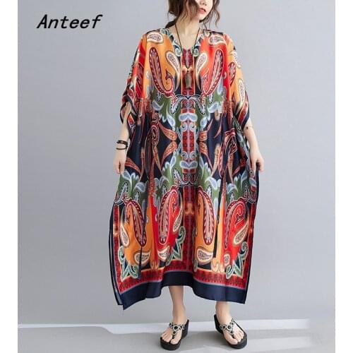 Short sleeve plus size satin vintage floral dresses for women casual loose long summer dress elegant clothes 2021 sundress