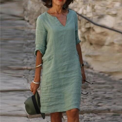 40# Solid Color Women Dress 2021 V-neck Half Sleeve A-line Dress Loose Vintage Cotton Linen Dress Summer Harajuku Dress Vestidos