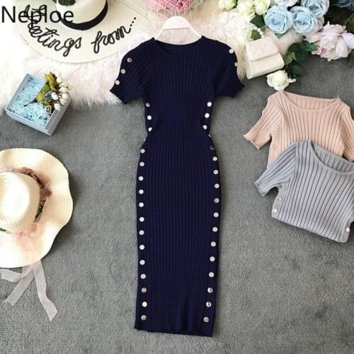 Neploe Knitted Short Sleeve Dress Women Solid O-Neck Short Sleeve Vestidos Fashion Double Breasted Bodycon Dresses