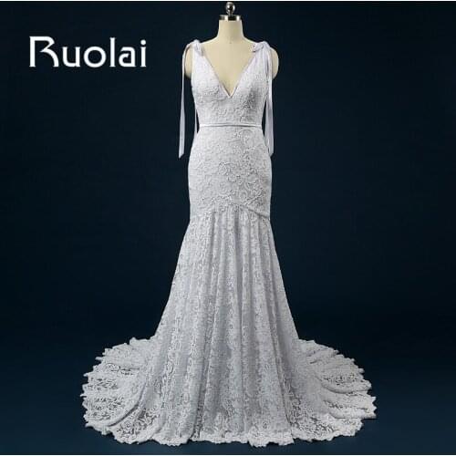 2017 Amazing Lace Mermaid Wedding Dresses Sweep Train V-Neck Sleeveless Open Back Ribbon Wedding Gown vestido de festa Customize