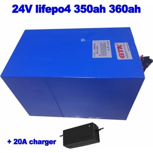 LiFePO4 LFP 24V 350ah 360ah Battery Pack for off grid solar energy power back up AGV marine caravan van rv ev ups +20A charger