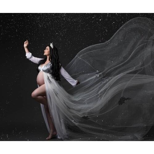 Elegant Maternity Gown Deep V Neck Floor Length Applique Robe Pregnant Women Clothes Photography Pajamas for Photo Shoot