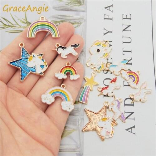 GraceAngie 13pcs/set mix Unicorn Charms Rainbow Horse Star Animal hair Women jewelry pendant earrings keychain Necklace Pendant