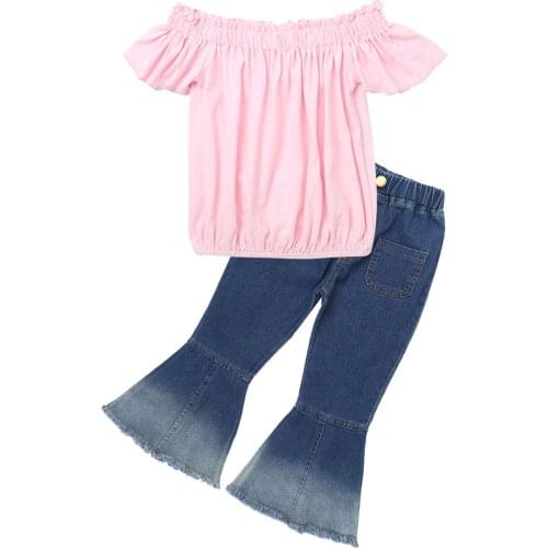 2021 Summer Baby Girls Clothes Set Children One Word Collar Tops Flared Jeans Pants for Kids Teenage Girl Casual Suit Streetwear