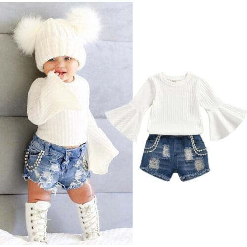 Infant Baby Girl Clothes Set Children Clothing White Flared Sleeve Knit Tops + Denim Jeans Pants Outfits Spring Clothes 2PCS