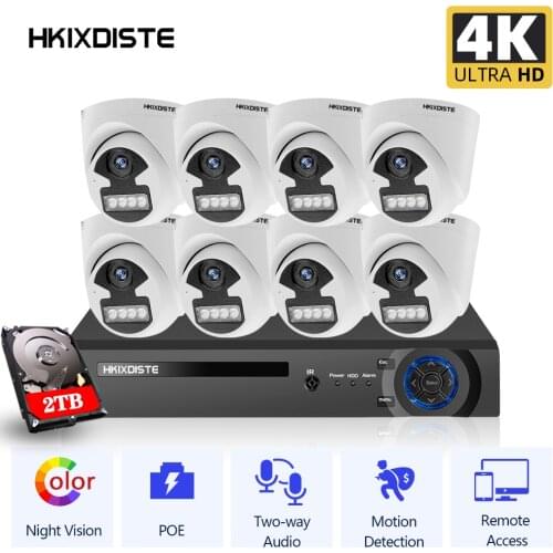8CH 4K 8MP POE NVR Kit CCTV Security Camera System Kit Indoor Dome Two-way Audio Video Security Surveillance POE IP Camera Kit