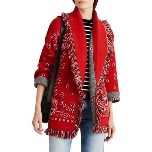 Fringed cashmere cardigan in red fashion jacquard cardigan Oversized silhouette long sleeve winter cardigan coat