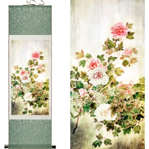 Hotsale free shipping Peony flower scroll painting traditional art Chinese painting Peony art paitingsPrinted painting