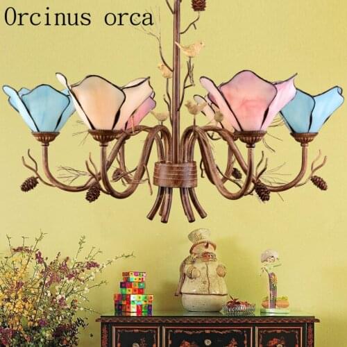 American country garden LED chandelier living room bedroom restaurant simple creative birds colored glass iron Chandelier