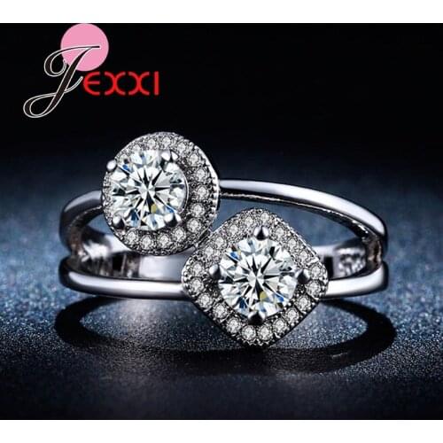 Trendy Two Crystals Round Square Hollow Band Silver Color Elegant High Quality Women Fun Gifts Party Jewelry Rings