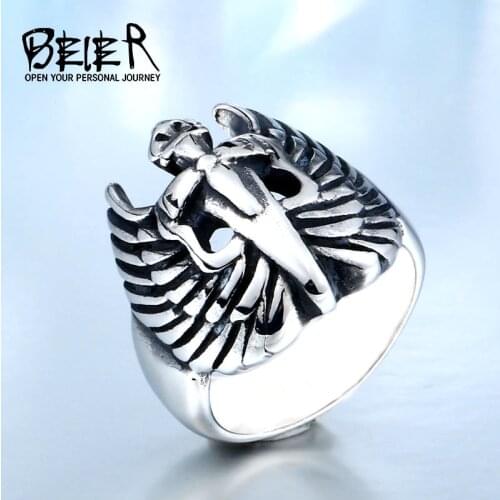 BEIER 2018 New Winged Sword Ring For Men Stainless Steel Fashion Gothic Punk Mans Jewelry