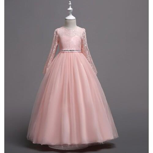 2021 New Girls Princess Long Sleeve Lace Diamond Dress Kids Wedding Birthday Elegant Party Prom Gown Children Costume 4-14 Year