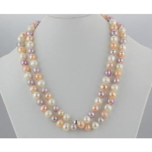 Charming 9-10mm natural white pink purple pearl necklace 36 inches 50"