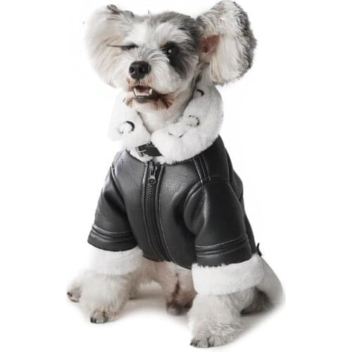 Small and Medium-sized Dog Pet Dog Clothes,Winter Fur Collar PU Leather Warm Dog Coat Jacket Schnauzer French Bulldog Clothing