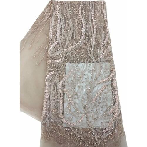 Brown/Black/Gray/Peach Color Luxury Handmade Beaded African Guipure Embroidery Lace Fabric with Sequins High Quality For Dress