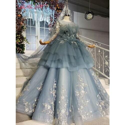 AnXin SH Luxury princess flower grey blue lace o neck beading crystal illusion long sleeve ruffles wedding dress 100% real photo