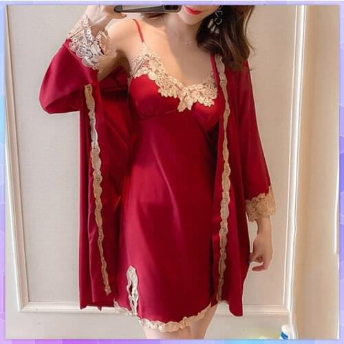 Sexy Womens 2PCS Pajamas Set V-Neck Nighties Wear Home Negligee Nightwear Lingerie Pijama Autumn Nighty Robe Gown Suit Sleepwear