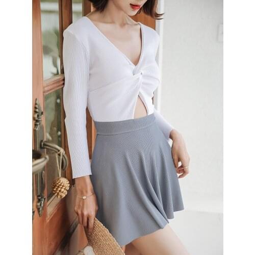 Long Sleeve Ruched Skirt One Piece Swimdress Retro Tummy Control Slimming Monokini Bathing Swimsuits Female Suit