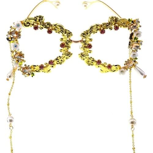 Personality Oval Sunglasses Women Trendy Fashion Ladies Cool Outdoor Transparent Lens Crystal Flower Frame Chain Sunglasses