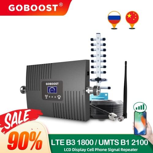 GOBOOST Cellular Amplifier 3G 4G LTE Mobile Network Booster 2100 1800MHz 4G Repeater Signal Booster CellPhone Antenna A Full Kit