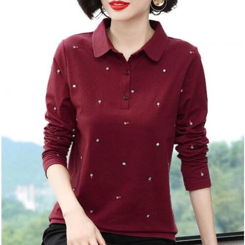 Oversized 5XL Womens T-shirts 2021 Spring New Lapel Long Sleeve Button Solid Floret Embroidery Polo Shirt Casual Loose Tee Tops