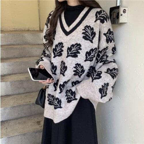 Retro 2020 Women Autumn Long Sleeve Leaves Leaf Pattern V neck Long Style Knitted Loose Pullover Sweater Tops