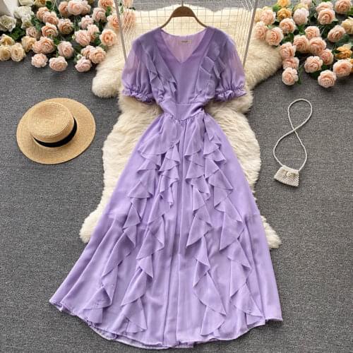 SINGREINY Women Elegant French Dress Sweet Puff Sleeve V Neck Ruffle A-line Dresses Summer Casual Vacation Chiffon Long Sundress
