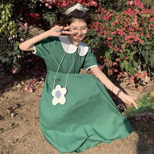 Womens Dress 2021Summer New Doll Collar Puff Sleeve Waist Dress Loose Casual Solid Sweet Robe Beach Holiday Vintage Dress Hot