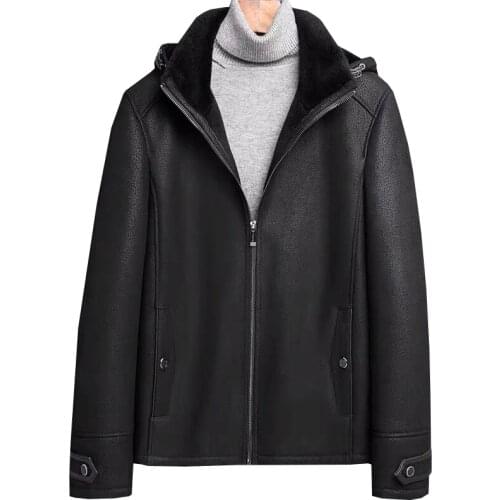 Winter New Fur Hooded Leather Jacket Genuine Leather Sheepskin Mens Outerwear Thickened Shearling Coat Men