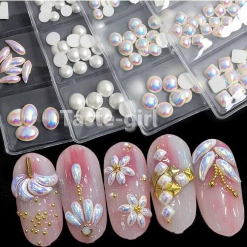 1 Pack white ABS Imitation Pearls mixed design flat back 3D nail art decorations pearls rhinestones nails accessories stones
