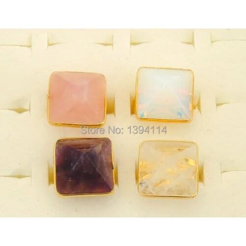 18*18mm Mixed Stones Pink Quartz/Purple Quartz/Opal Pyramid Adjustable Ring Cladded Copper Casing Of Plating Gold