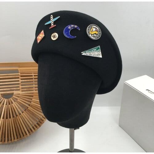 2019 autumn/winter wool badge beret joker black fashion personality handsome painter cap tide