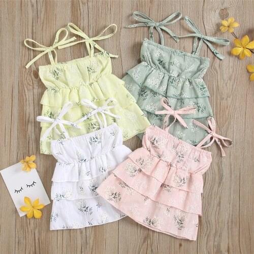 2021 0-3Y Sweet Kids Baby Girls Dress Soft Cotton Clothes Floral Print Bandage Off Shoulder Sleeveless Layered Dress Summer