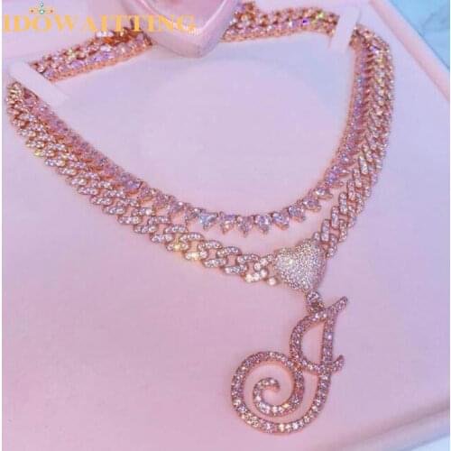 A-Z Cursive Initial Letters With Heart Charm Iced Out Bling Heart Chain DIY Name Necklace For Women Men Hip Hop Fashion Jewelry
