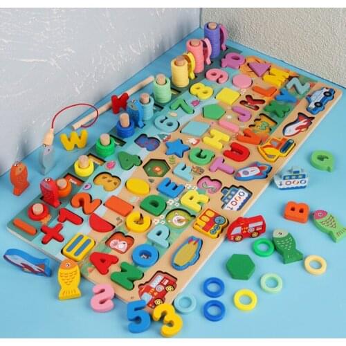 Wooden Montessori Educational Toy Childrens Digital Puzzle Blocks Fishing Busy Logarithmic Board Preschool Early Childhood Toys