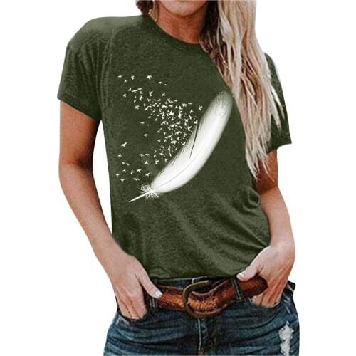 Tshirt Women Bird Feather Print Graphic Tee Cartoon Top Female Clothes Spring Summer Streetwear Aesthetic Kawaii Teens #PY