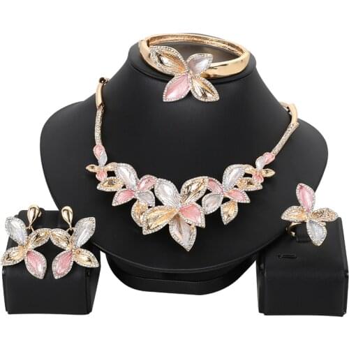 Gold color jewelry sets for women luxury necklace earrings bracelet ring bridal African wedding ornament wife gifts Rings